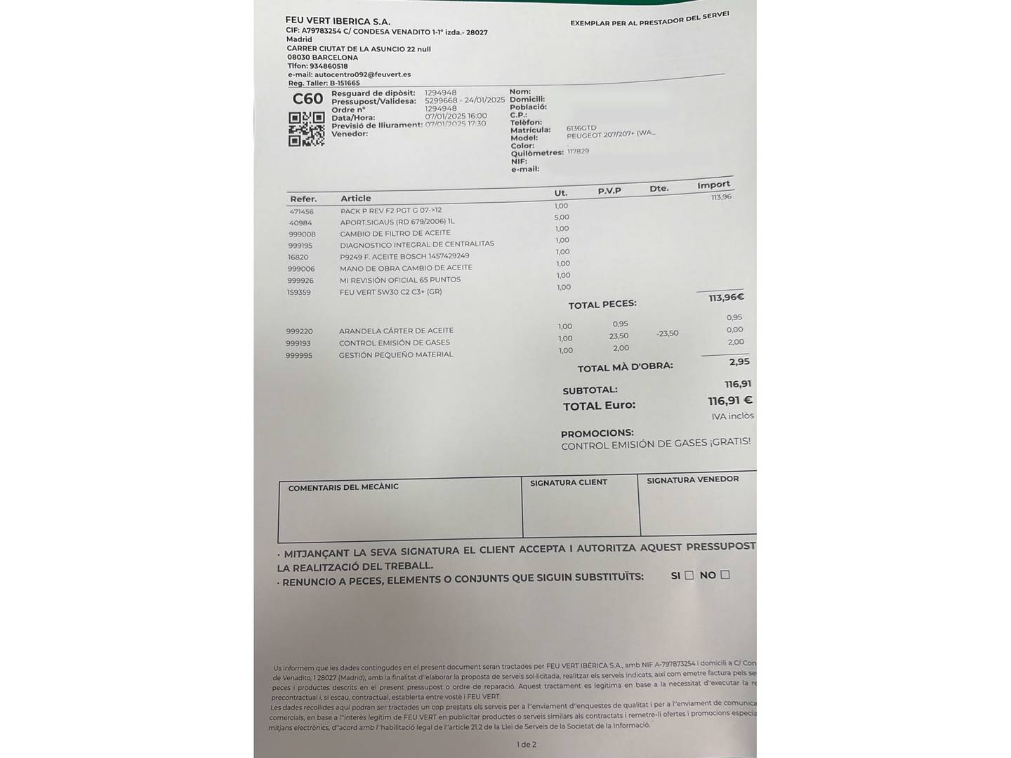 Foto del mantenimiento del Peugeot 207 Peugeot 207 1.4 VTi 16v Sport (95 CV)