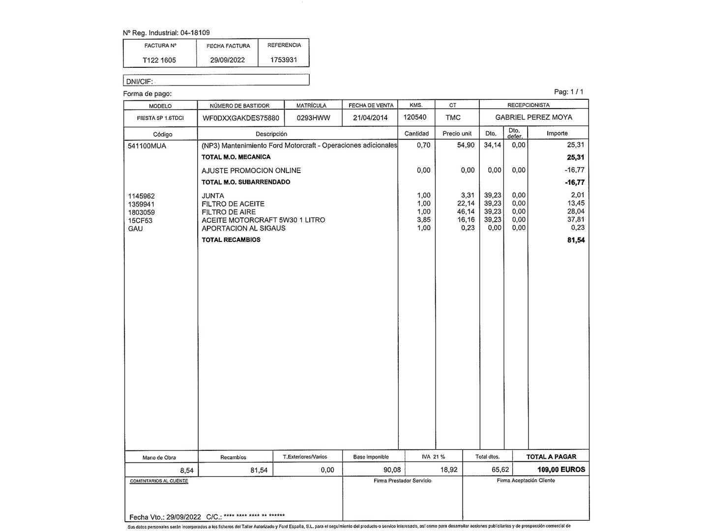 Foto del mantenimiento del Ford Fiesta Ford Fiesta 1.6 TDCI Trend (95 CV)