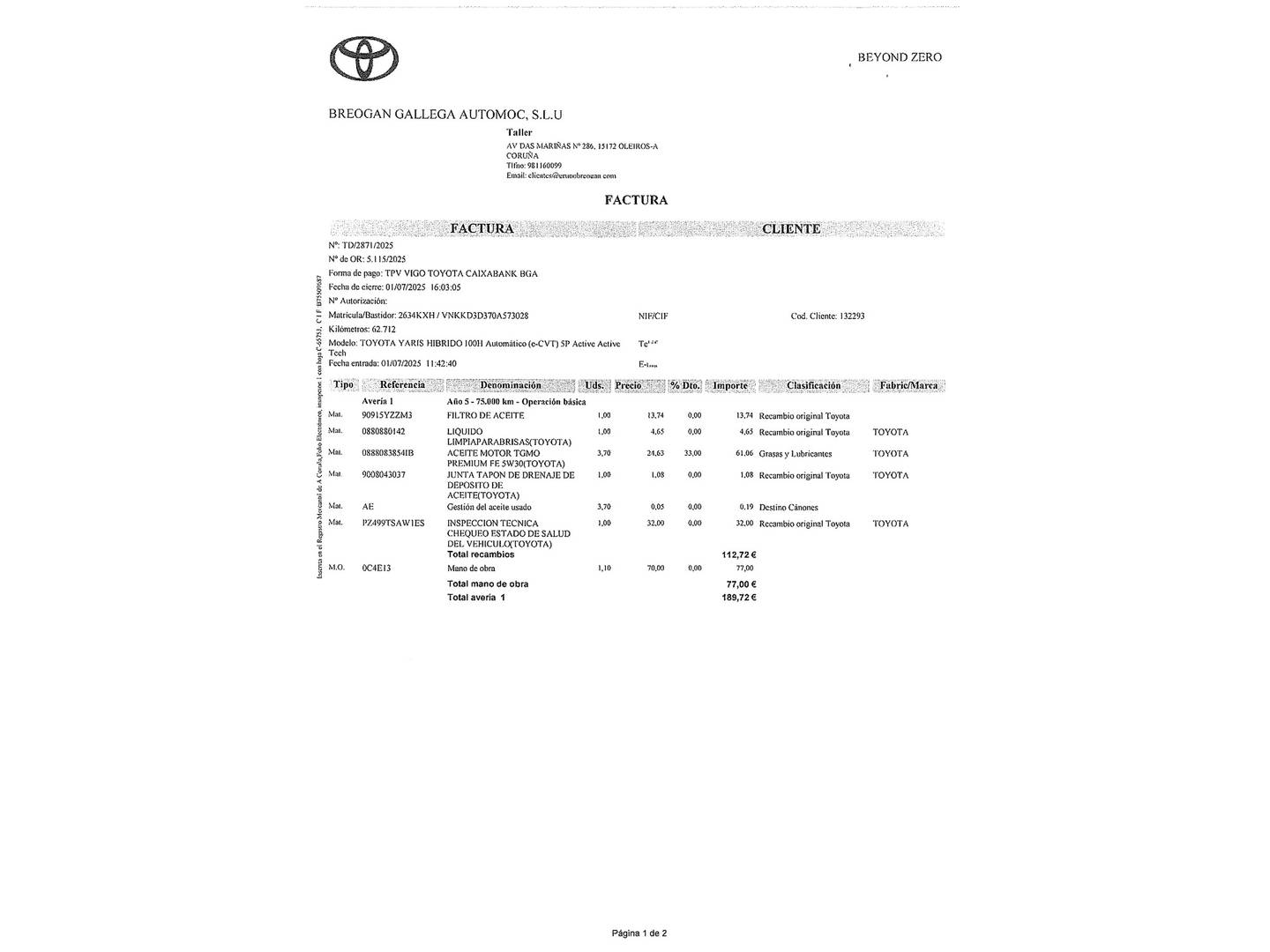 Foto del mantenimiento del Toyota Yaris Toyota Yaris 1.5 Hybrid Active (100 CV)