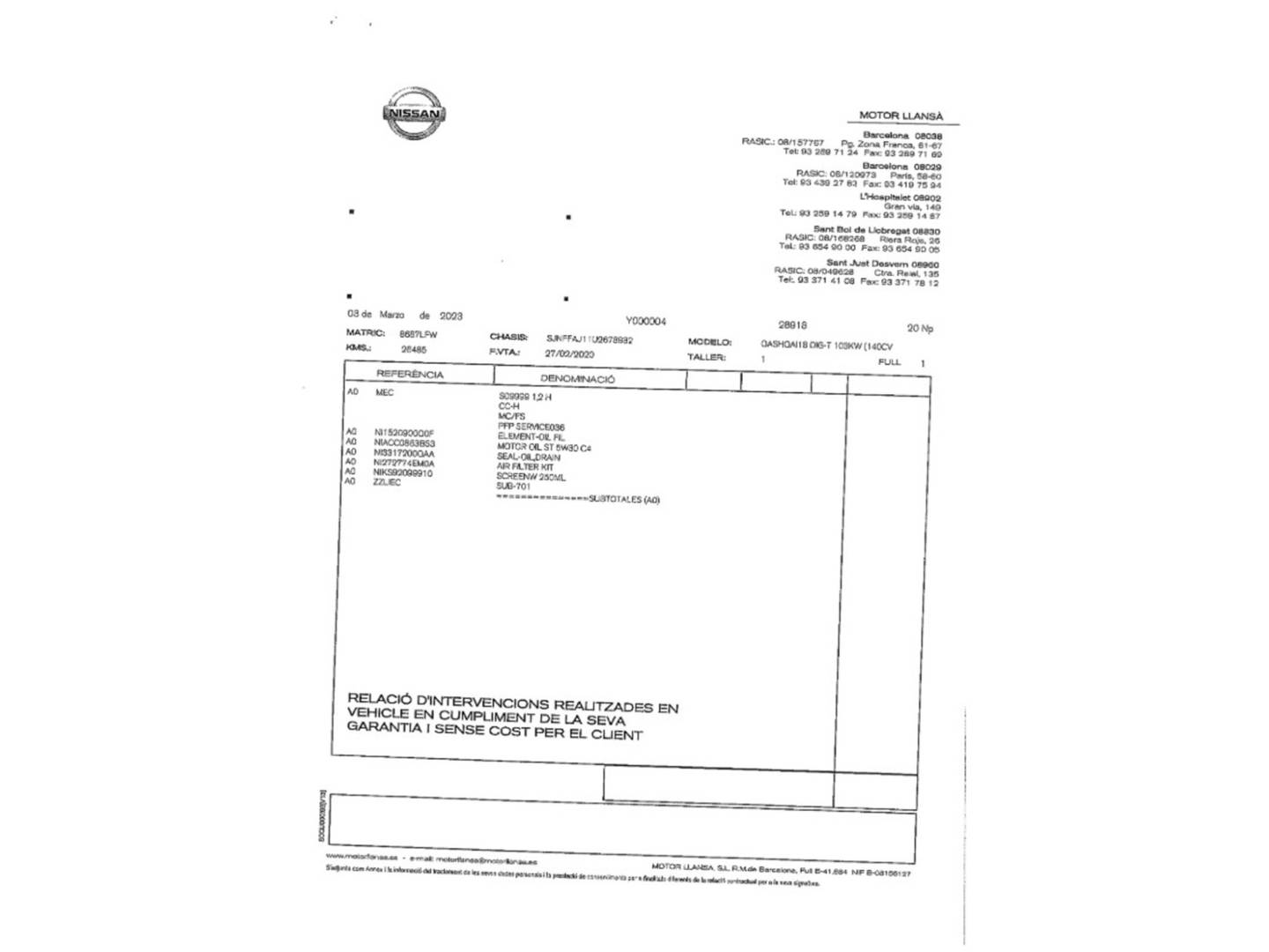 Foto del mantenimiento del Nissan QASHQAI Nissan Qashqai DIG-T 140 N-Connecta 4x2 (140 CV)