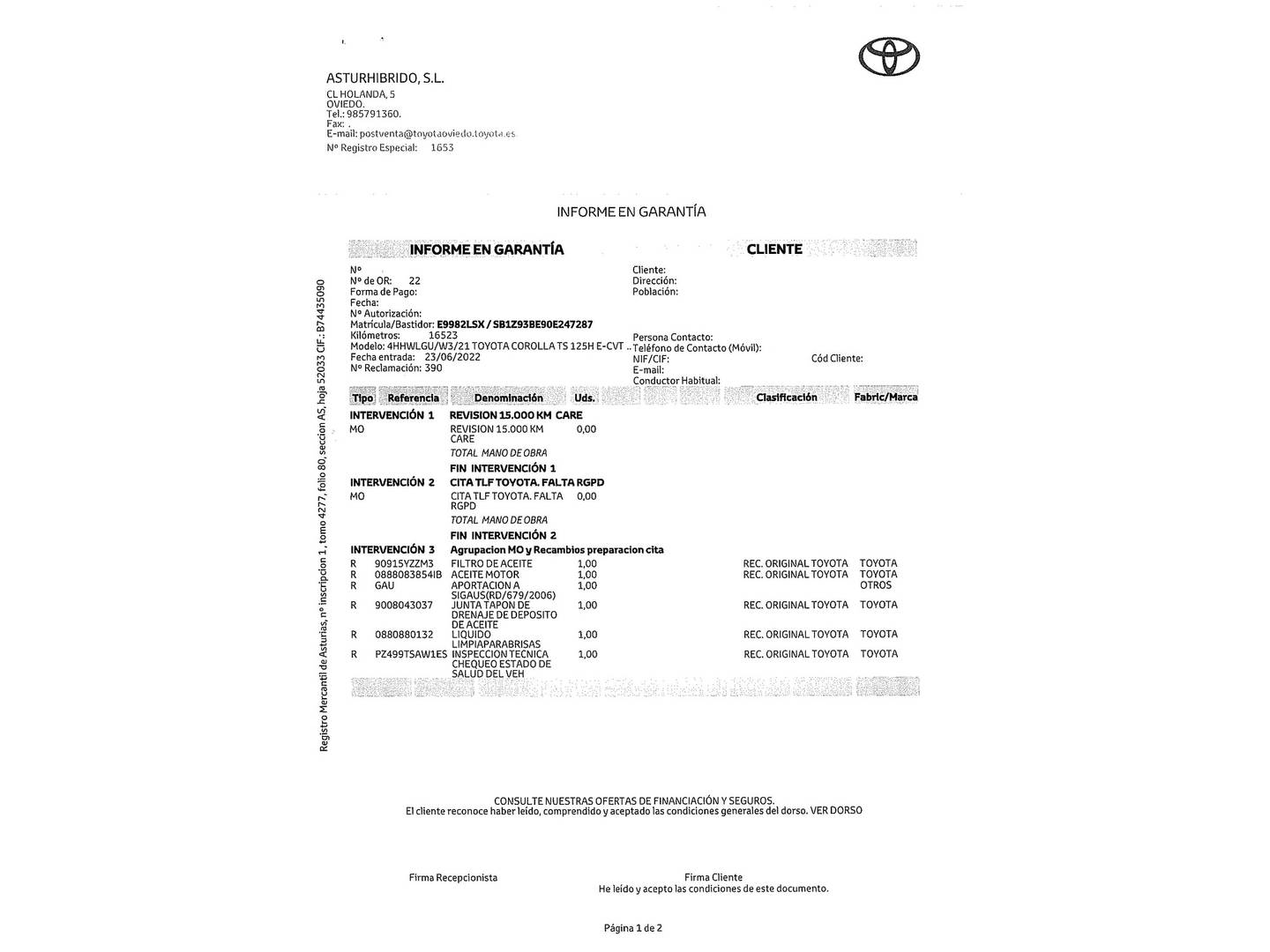 Foto del mantenimiento del Toyota Corolla Toyota Corolla Touring Sports 125H Active Tech E-CVT (122 CV)