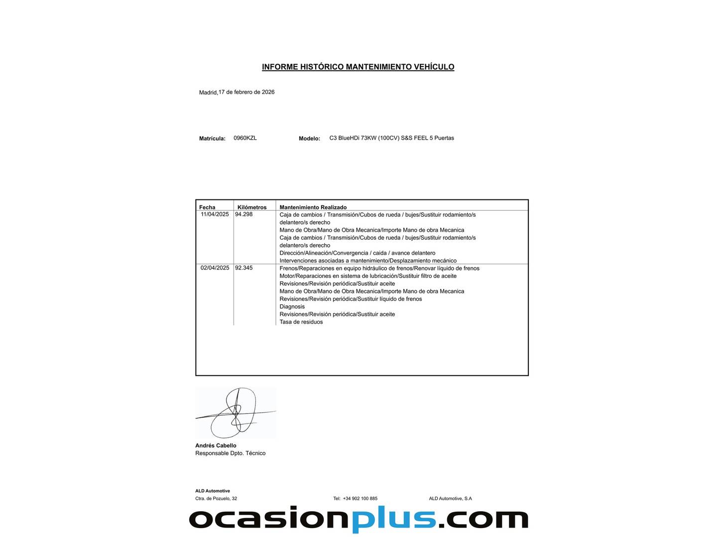 Foto del mantenimiento del Citroën C3 Citroën C3 BlueHDi 100 S&S Feel (99 CV)