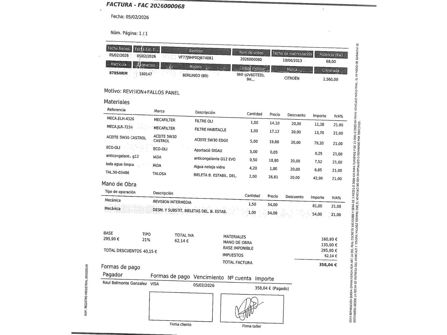 Foto del mantenimiento del Citroën Berlingo Citroën Berlingo 1.6 HDI XTR Plus (92 CV)