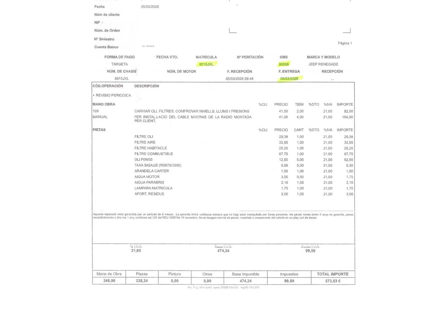 Foto del mantenimiento del Jeep Renegade Jeep Renegade 1.6 Multijet Night Eagle II 4x2 (120 CV)