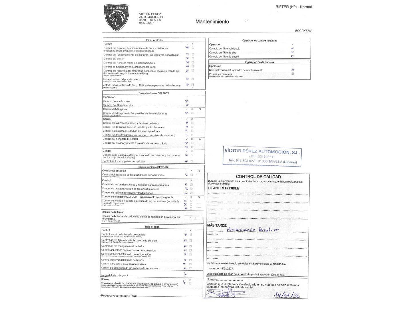 Foto del mantenimiento del Peugeot Rifter Peugeot Rifter BlueHDi 100 GT Line Standard (100 CV)