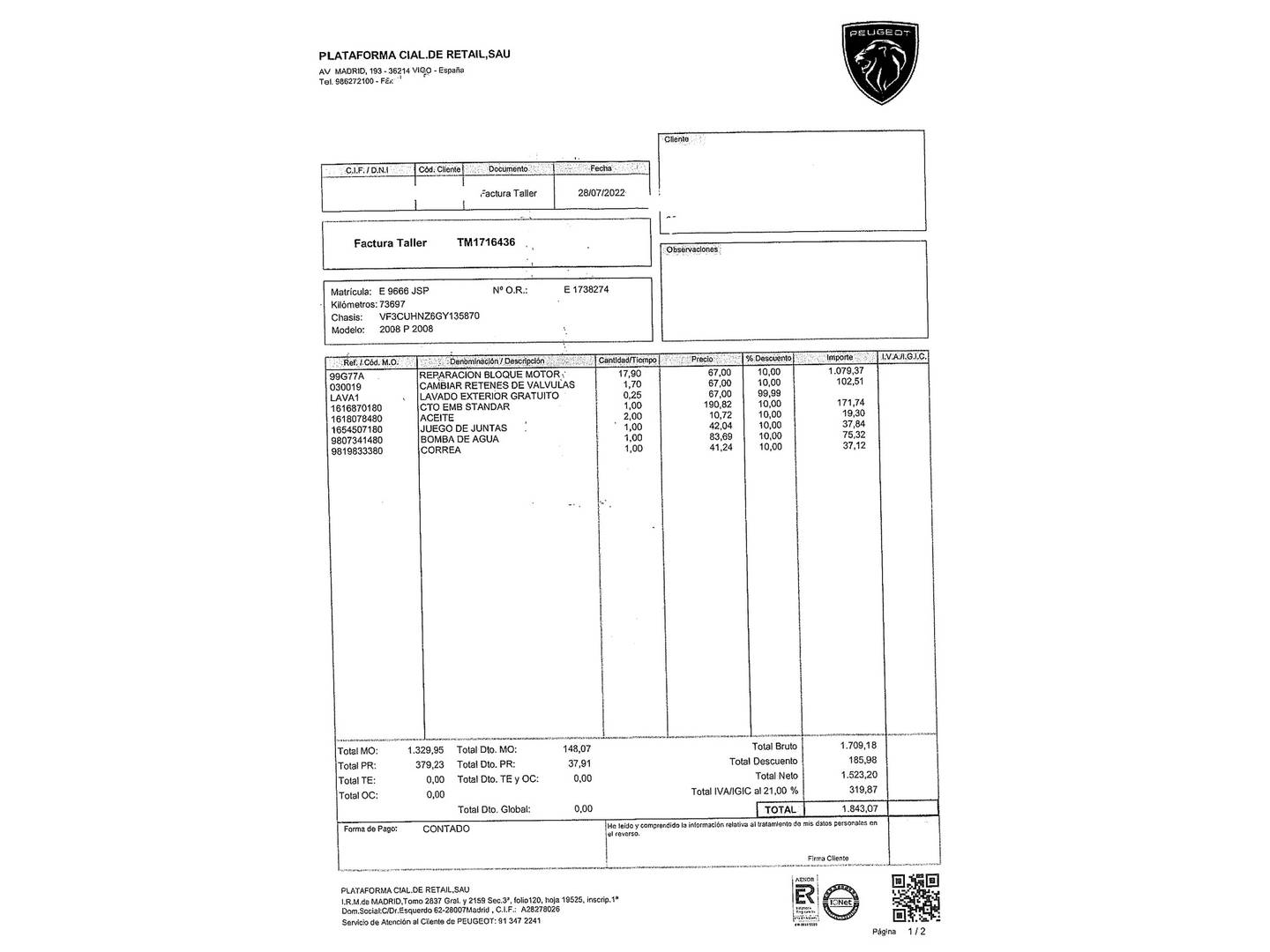 Foto del mantenimiento del Peugeot 2008 Peugeot 2008 PureTech 110 S&S Active (110 CV)