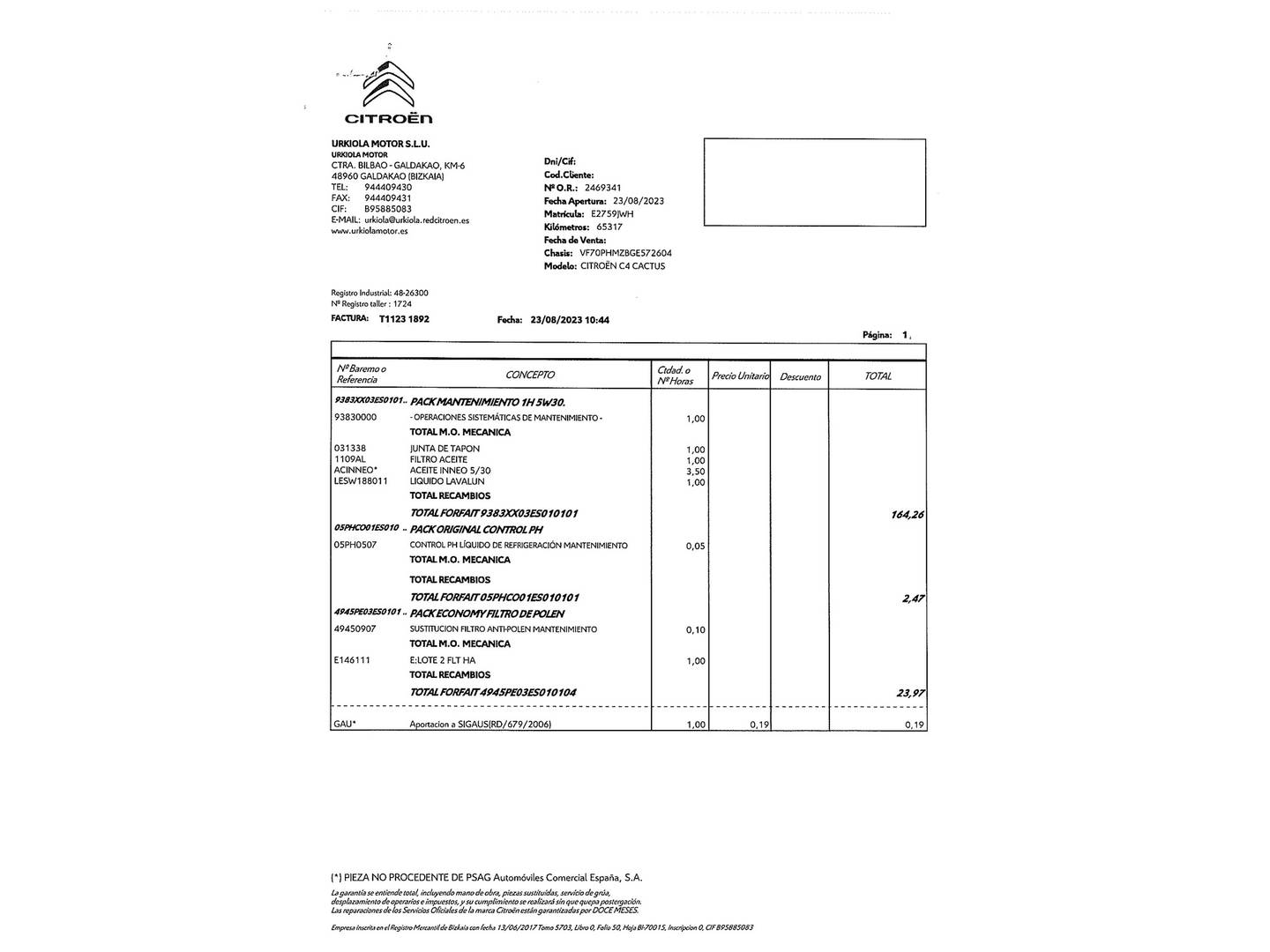 Foto del mantenimiento del Citroën C4 Cactus Citroën C4 Cactus PureTech 82 Feel (82 CV)