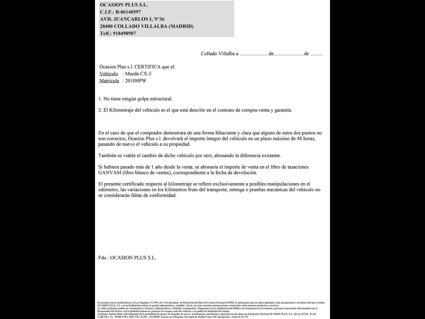 Foto del certificado del Mazda CX-5 Mazda CX-5 2.2 DE Style 2WD (150 CV)