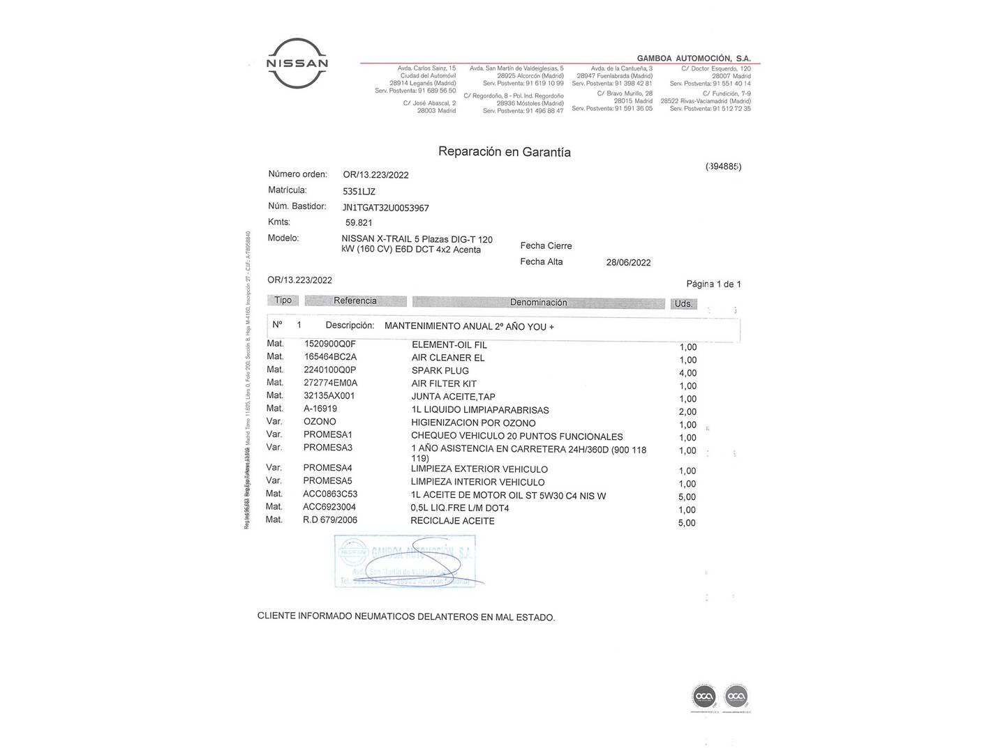 Foto del mantenimiento del Nissan X-TRAIL Nissan X-Trail DIG-T 160 N-Connecta 4x2 DCT (160 CV)