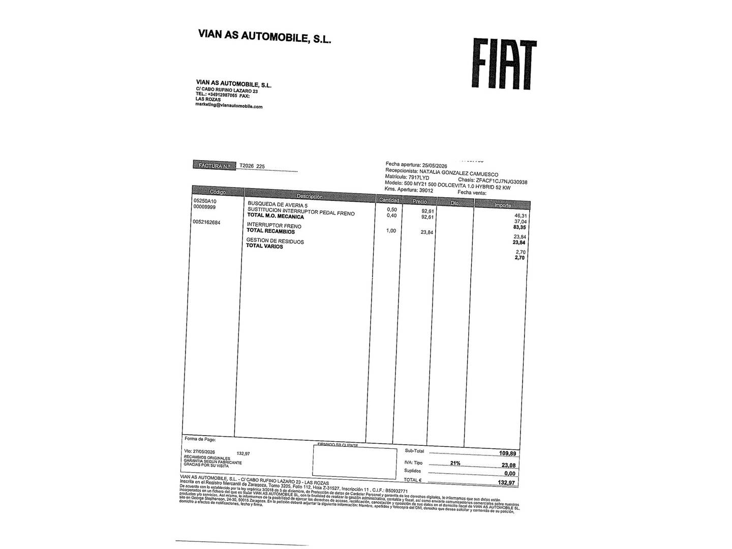 Foto del mantenimiento del Fiat 500 Fiat 500 1.0 Hybrid Dolcevita (70 CV)