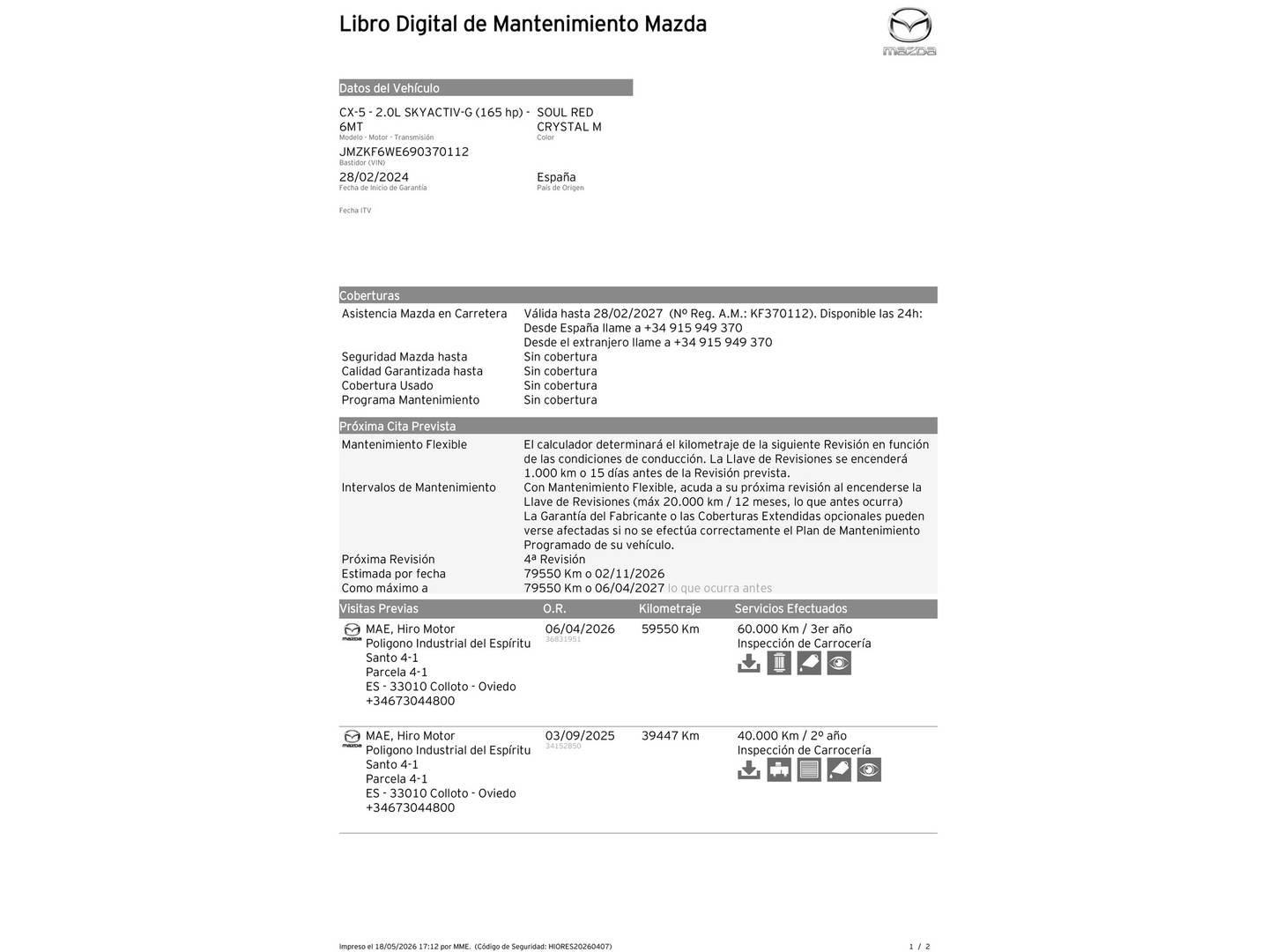 Foto del mantenimiento del Mazda CX-5 Mazda CX-5 2.0 GE Newground (165 CV)