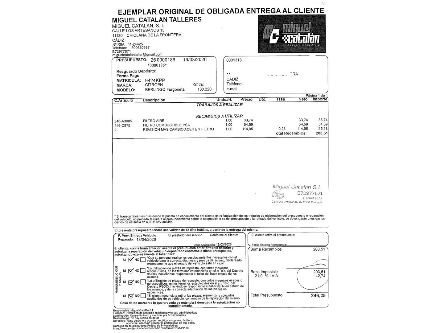 Foto del mantenimiento del Citroën Berlingo Citroën Berlingo Combi BlueHDi 130 S&S Talla M Feel (130 CV)