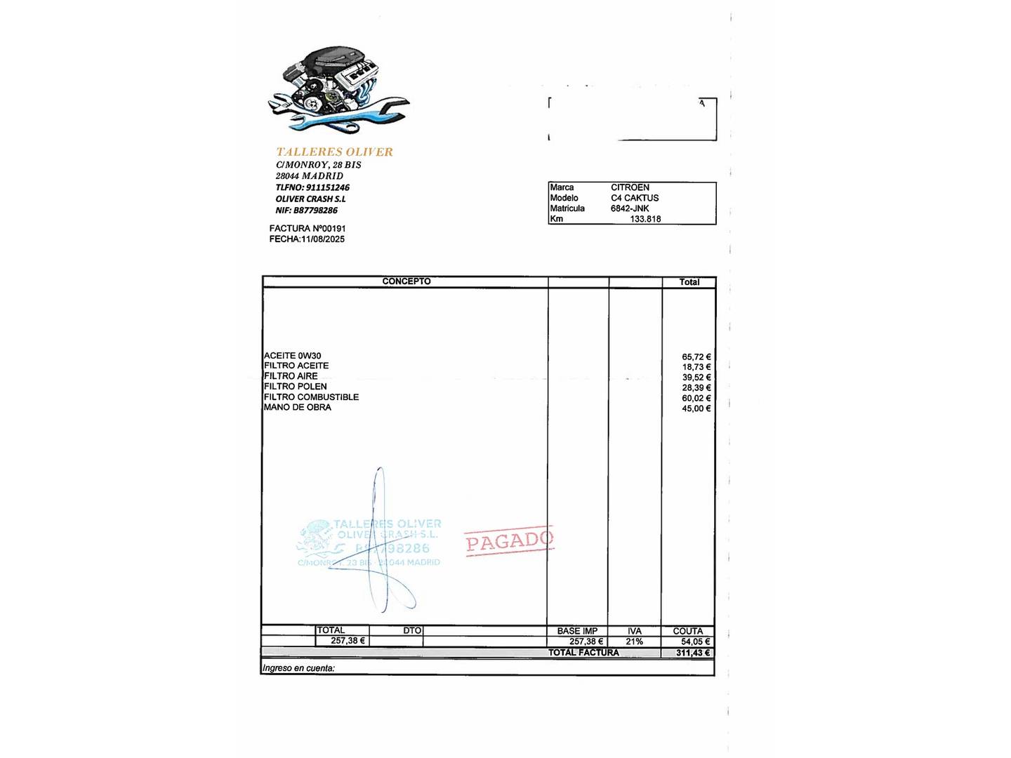 Foto del mantenimiento del Citroën C4 Cactus Citroën C4 Cactus 1.6 BlueHDI ETG6 Shine (100 CV)