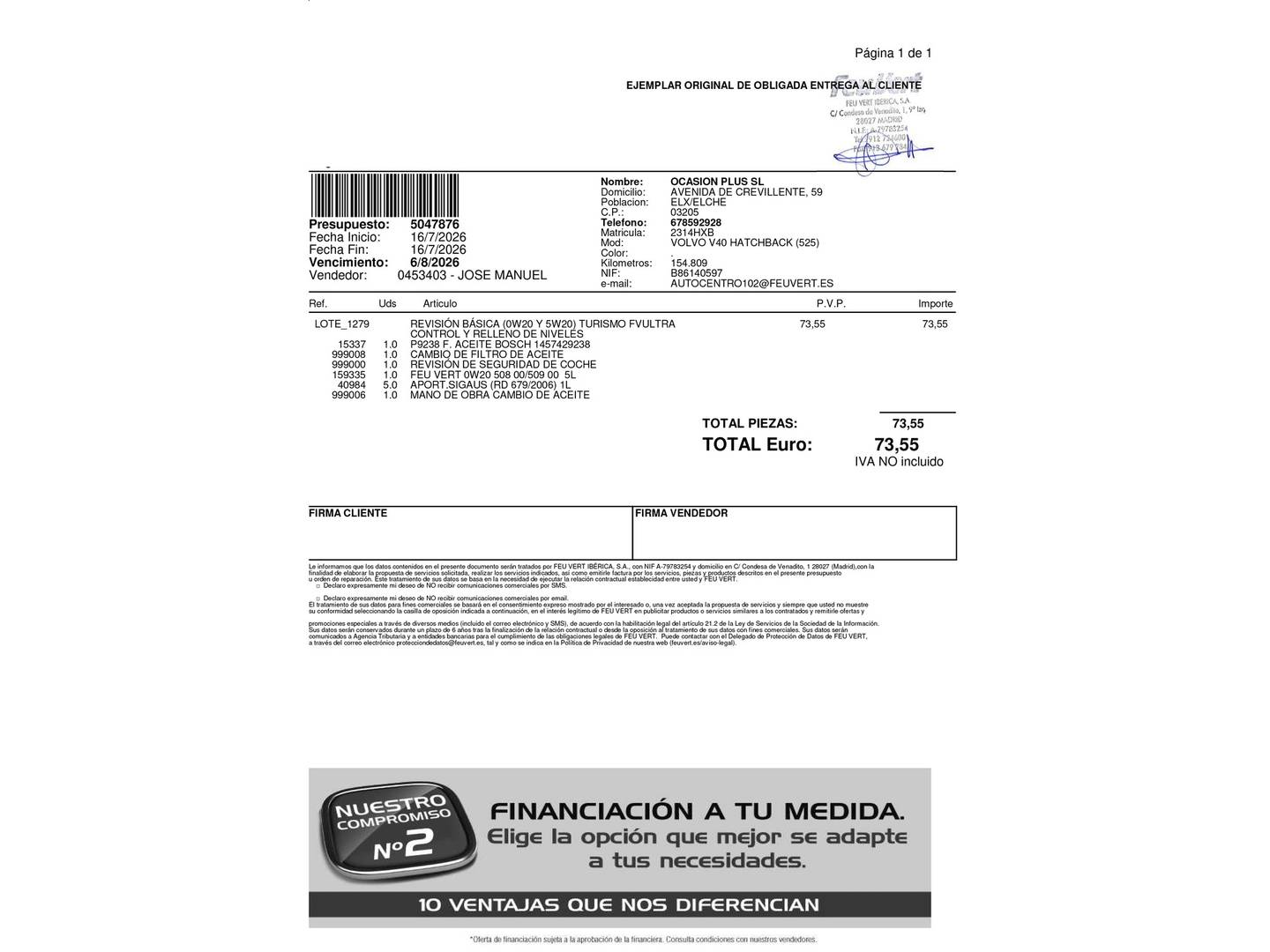 Foto del mantenimiento del Volvo V40 Cross Country Volvo V40 Cross Country D2 Kinetic Auto (115 CV)