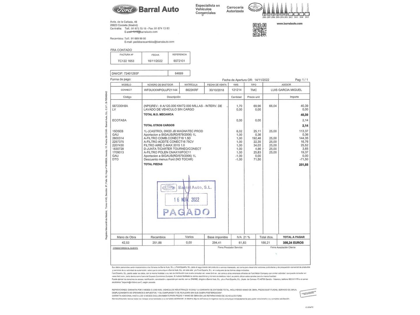 Foto del mantenimiento del Ford Grand Tourneo Connect Ford Grand Tourneo Connect 1.5 TDCi Titanium (120 CV) 7 Plazas