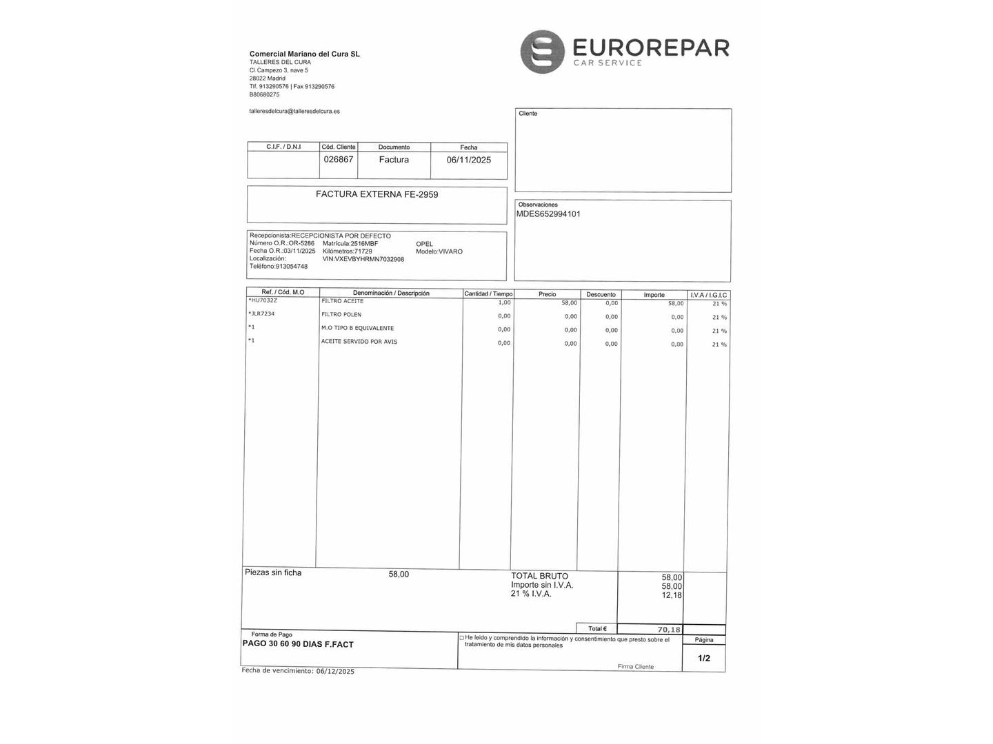 Foto del mantenimiento del Opel Vivaro Opel Vivaro Furgon 1.5 Diésel L Incrementada Select (102 CV)