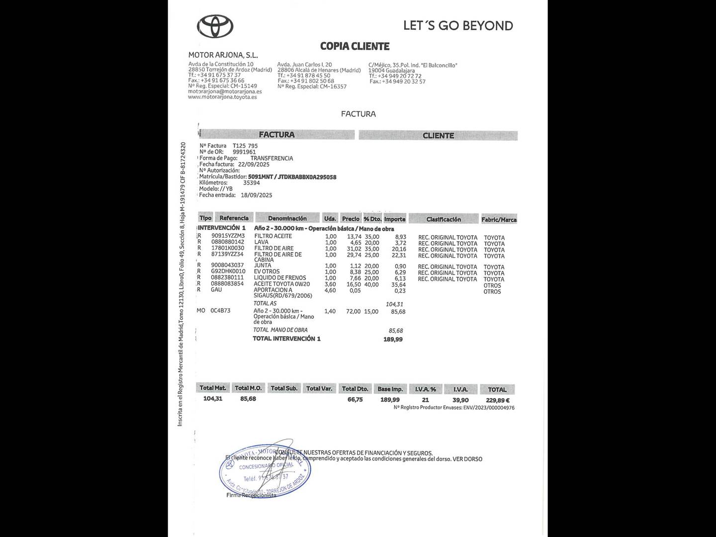 Foto del mantenimiento del Toyota Yaris Cross Toyota Yaris Cross 120H Active Tech (116 CV)