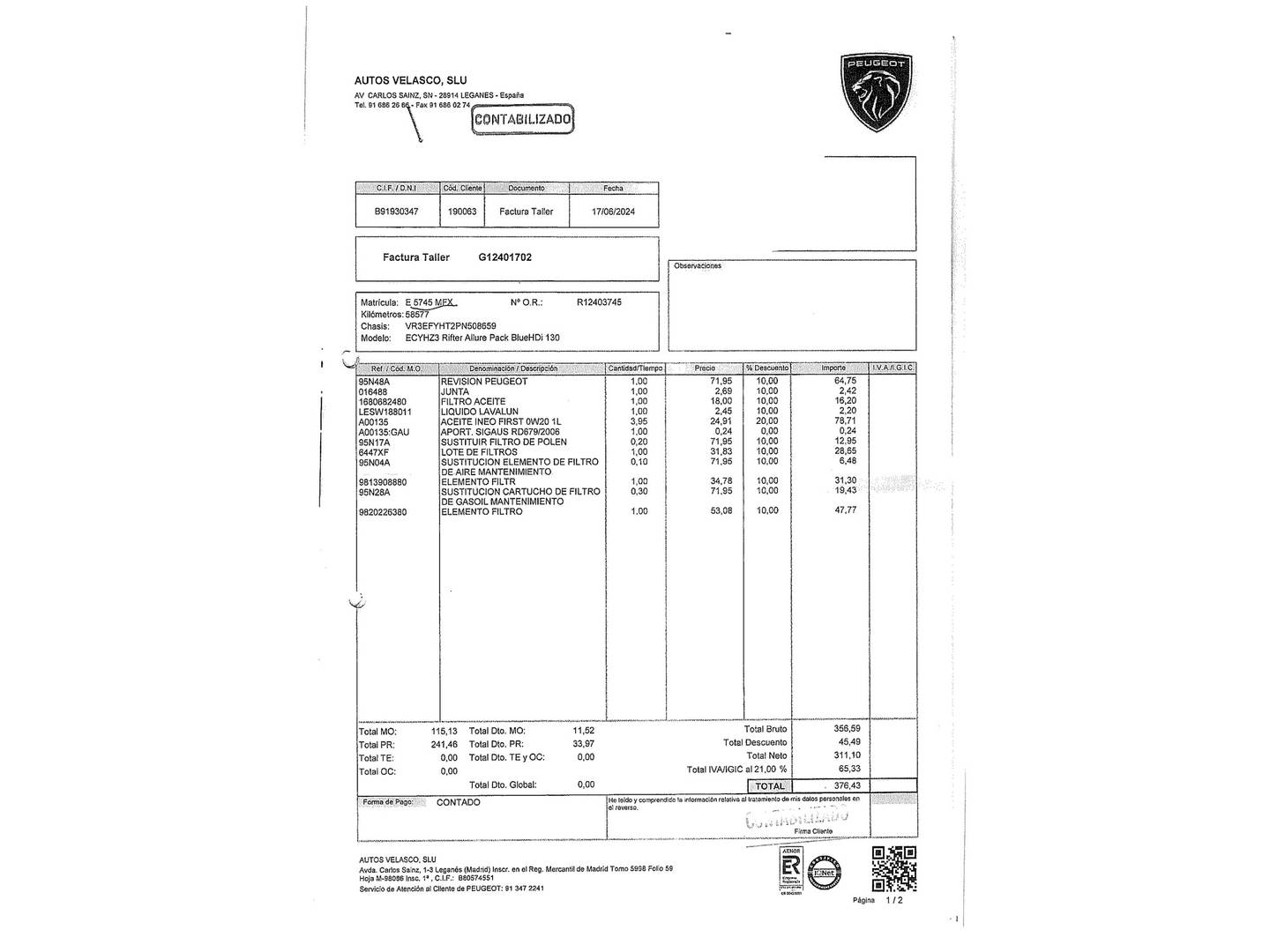 Foto del mantenimiento del Peugeot Rifter Peugeot Rifter Active Pack Business Standard BlueHDi (100 CV)