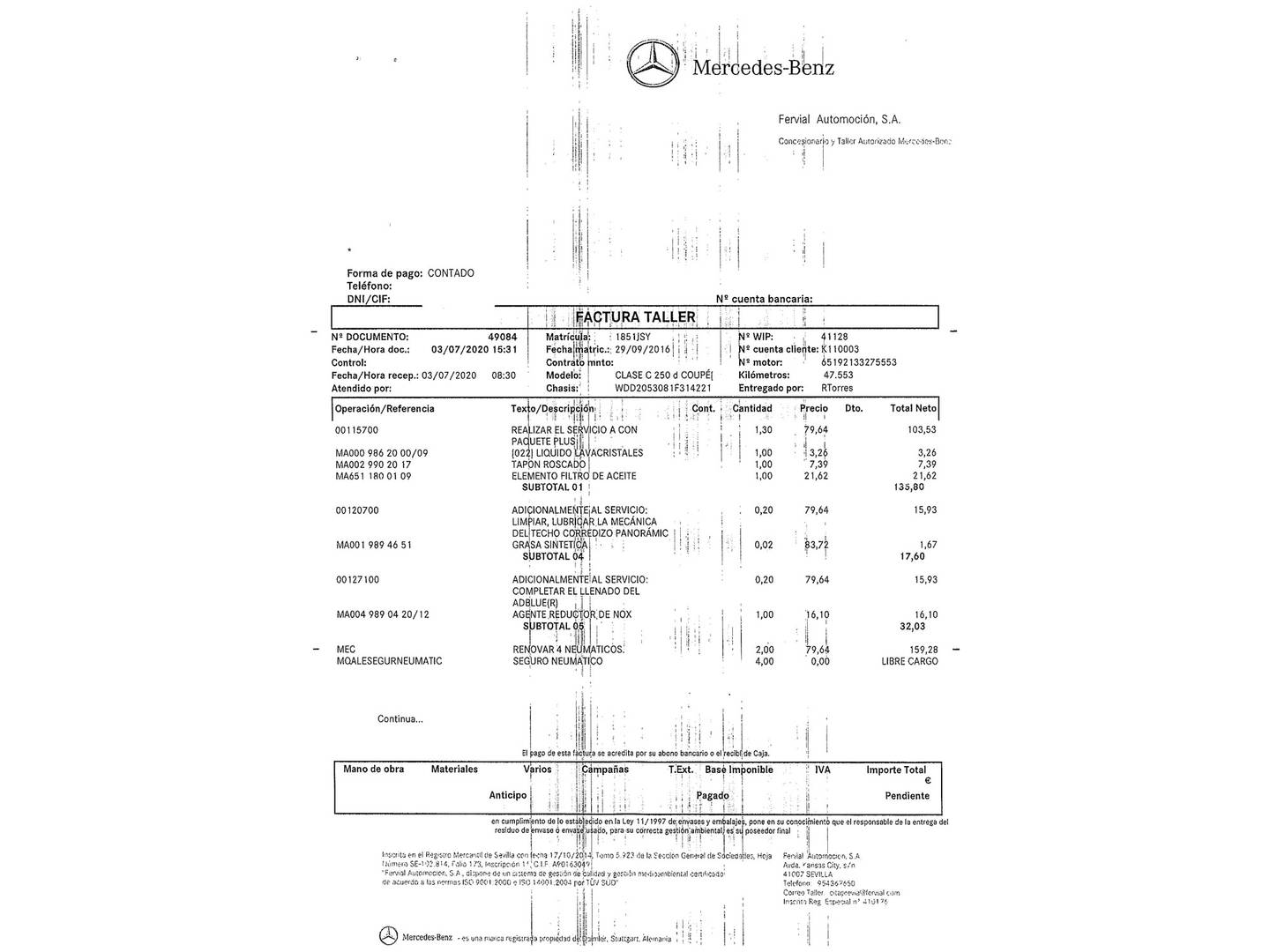 Foto del mantenimiento del Mercedes Clase C Mercedes Clase C C Coupe 250 d (204 CV) Pack AMG