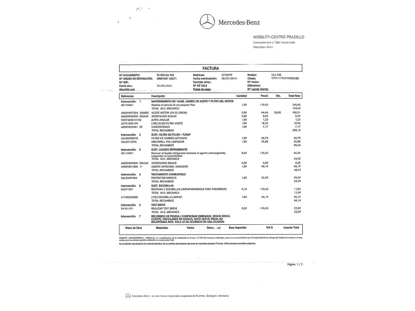 Foto del mantenimiento del Mercedes CLA Mercedes CLA CLA 200 (156 CV)