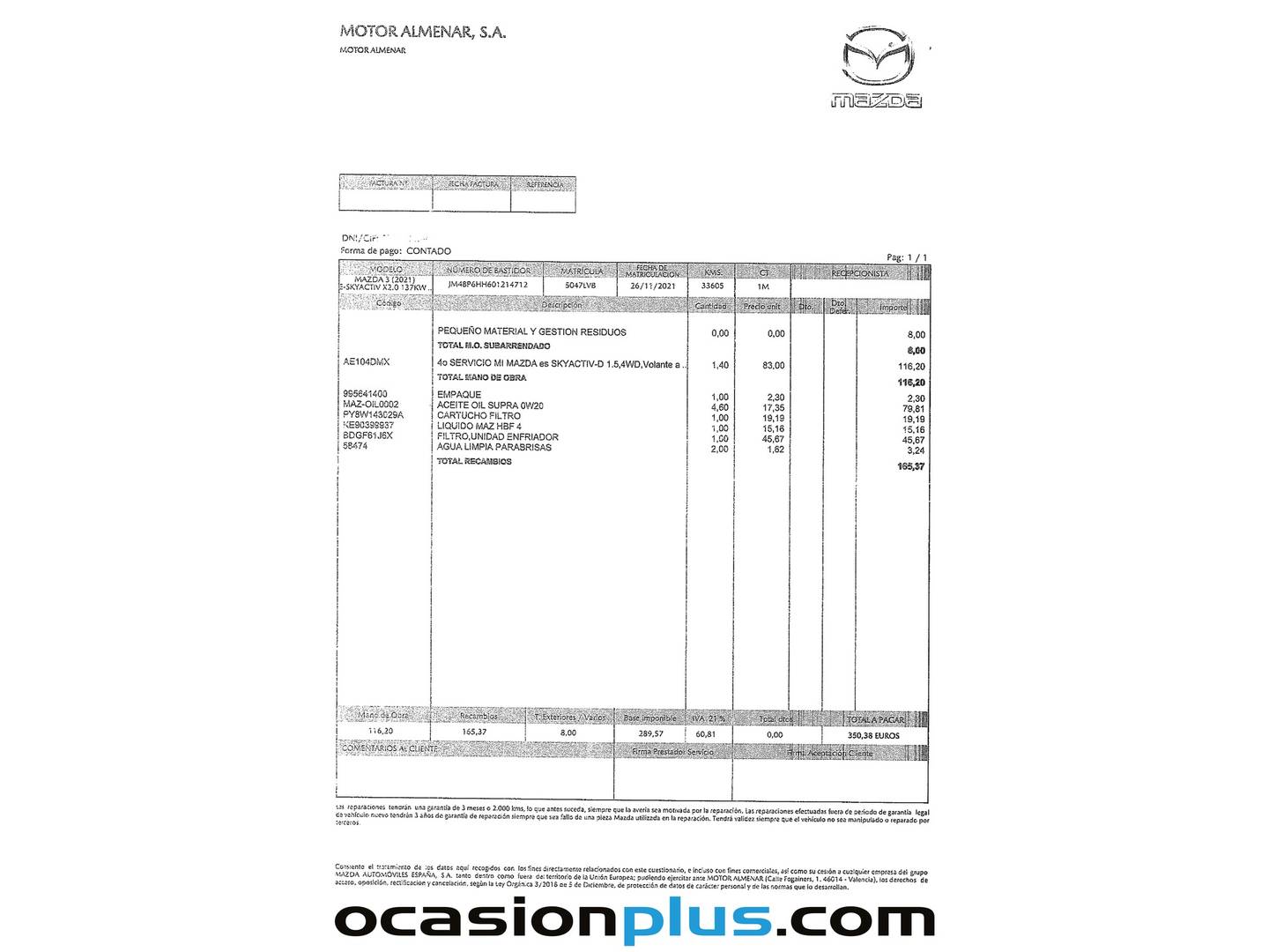 Foto del mantenimiento del Mazda Mazda3 Mazda Mazda 3 2.0 e-SKYACTIV-X Zenith (186 CV)