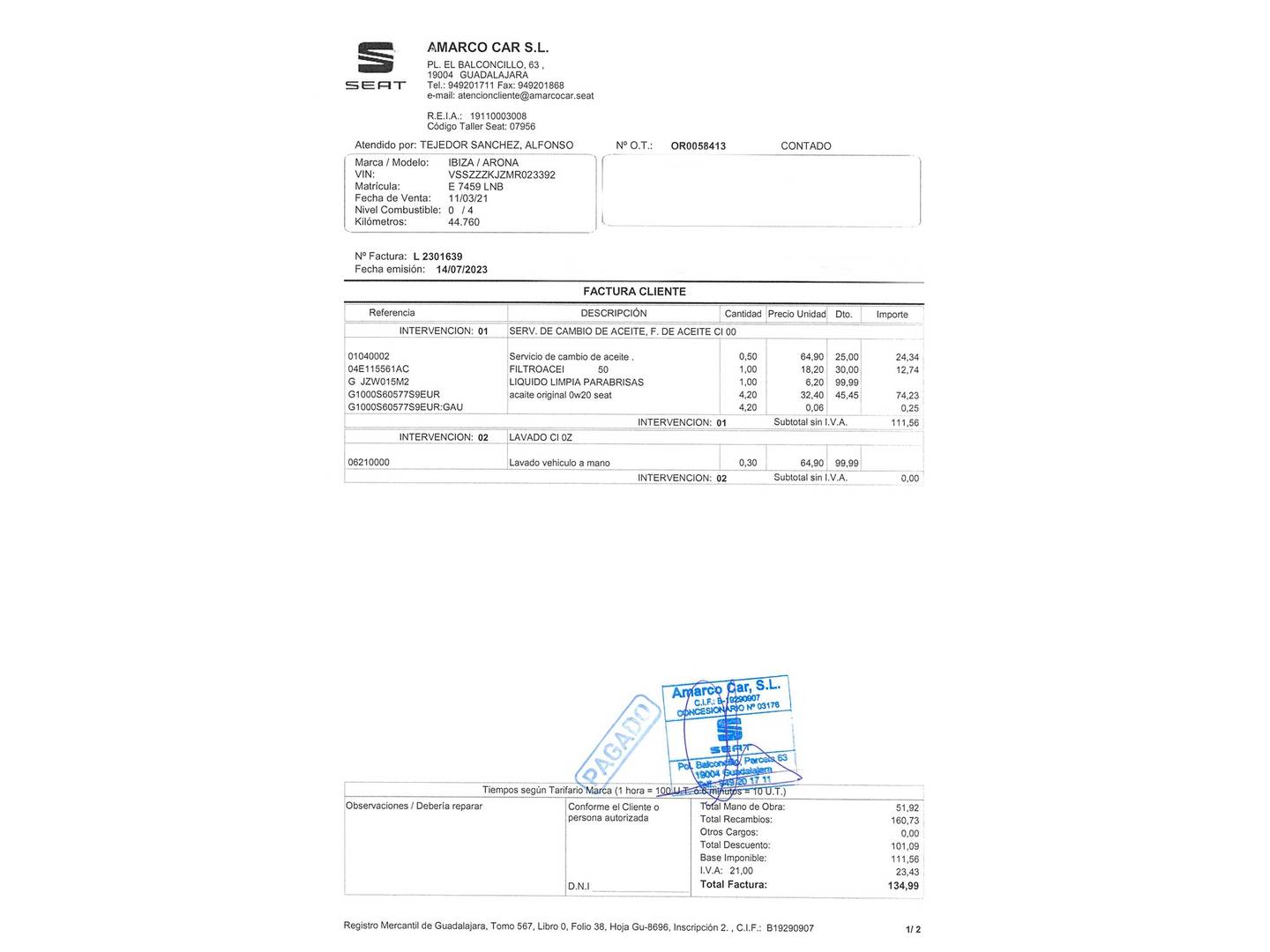 Foto del mantenimiento del Seat Ibiza Seat Ibiza 1.0 TGI FR Go (90 CV)