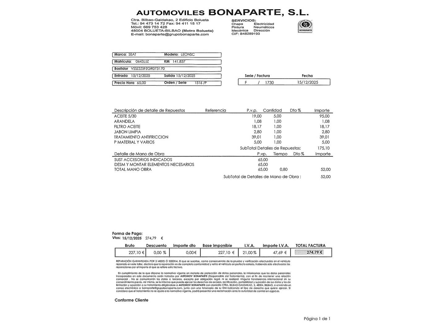 Foto del mantenimiento del Seat León Seat León SC 2.0 TDI S&S FR (184 CV)