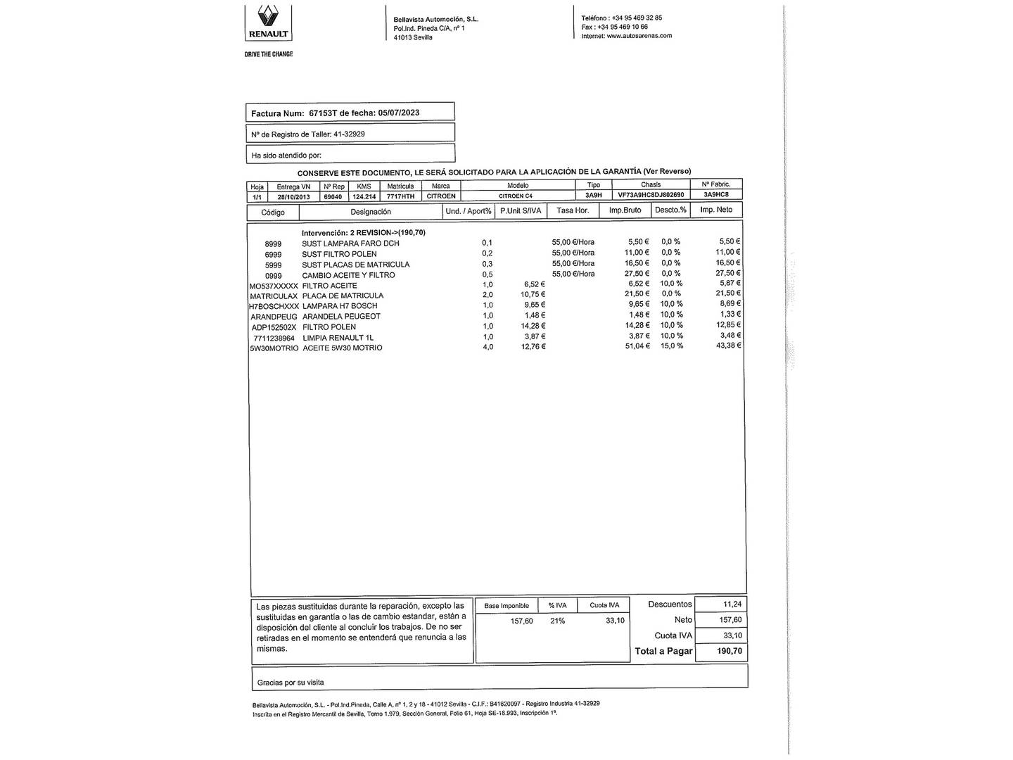 Foto del mantenimiento del Citroën Grand C4 Picasso Citroën Grand C4 Picasso e-HDi 115 Airdream Attraction  (115 CV) 7 Plazas