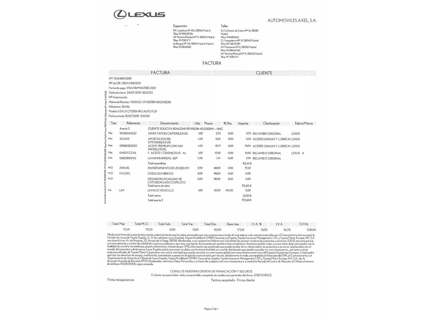 Foto del mantenimiento del Lexus CT Lexus CT CT 200h Sport Edition (136 CV)