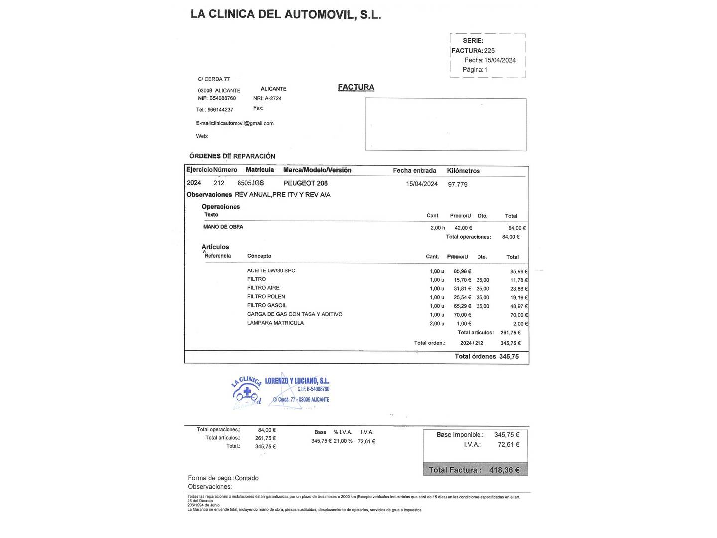 Foto del mantenimiento del Peugeot 208 Peugeot 208 HDi 68 Style (68 CV)