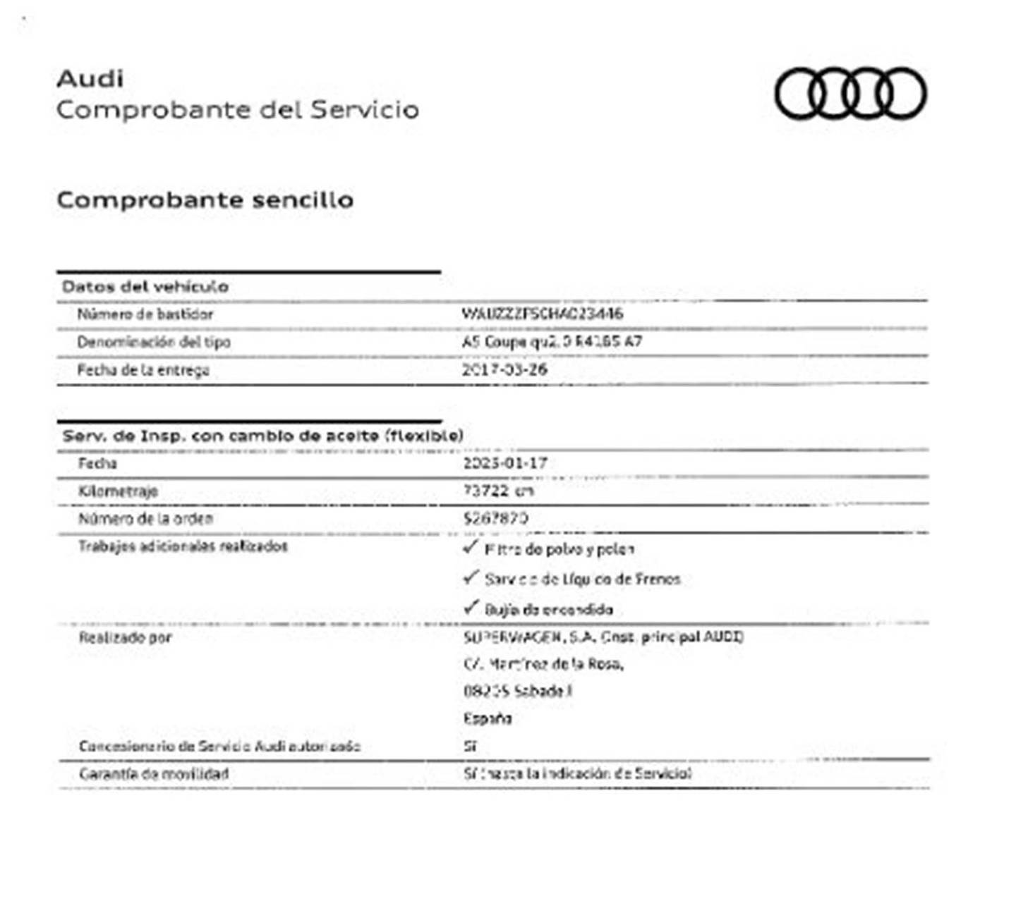 Foto del mantenimiento del Audi A5 Audi A5 Coupe Coupe S line 2.0 TFSI quattro (252 CV) S tronic