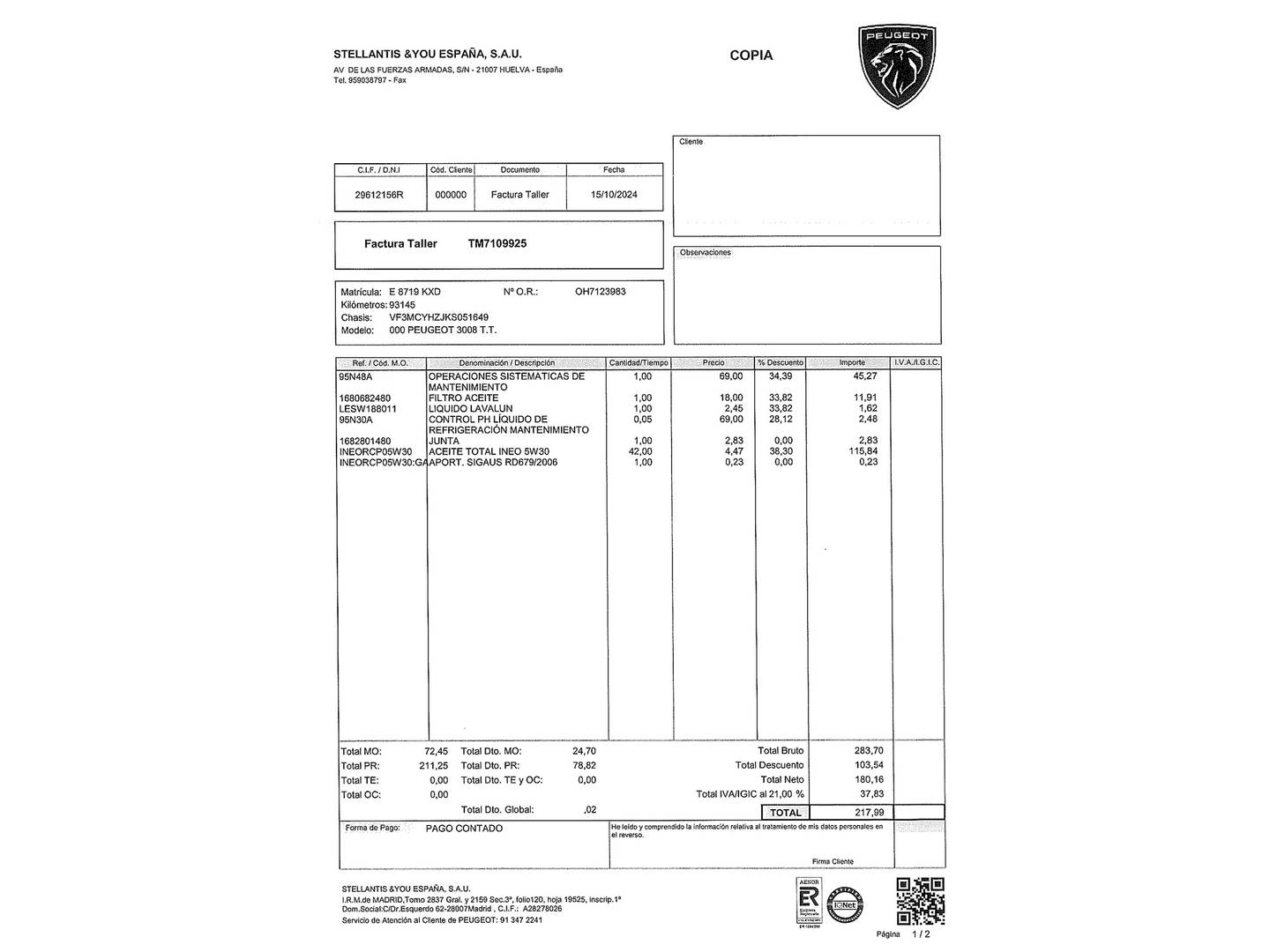 Foto del mantenimiento del Peugeot 3008 Peugeot 3008 BlueHDI 130 S&S GT Line (130 CV)