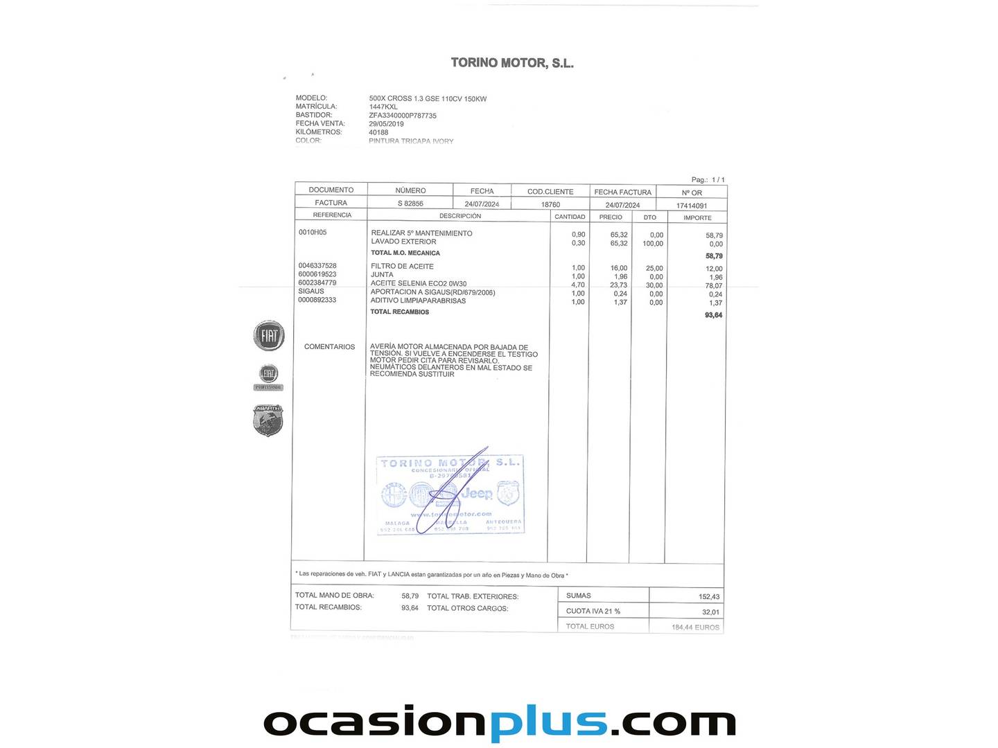 Foto del mantenimiento del Fiat 500X Fiat 500X 1.3 Firefly S&S Cross T4 DCT (150 CV)