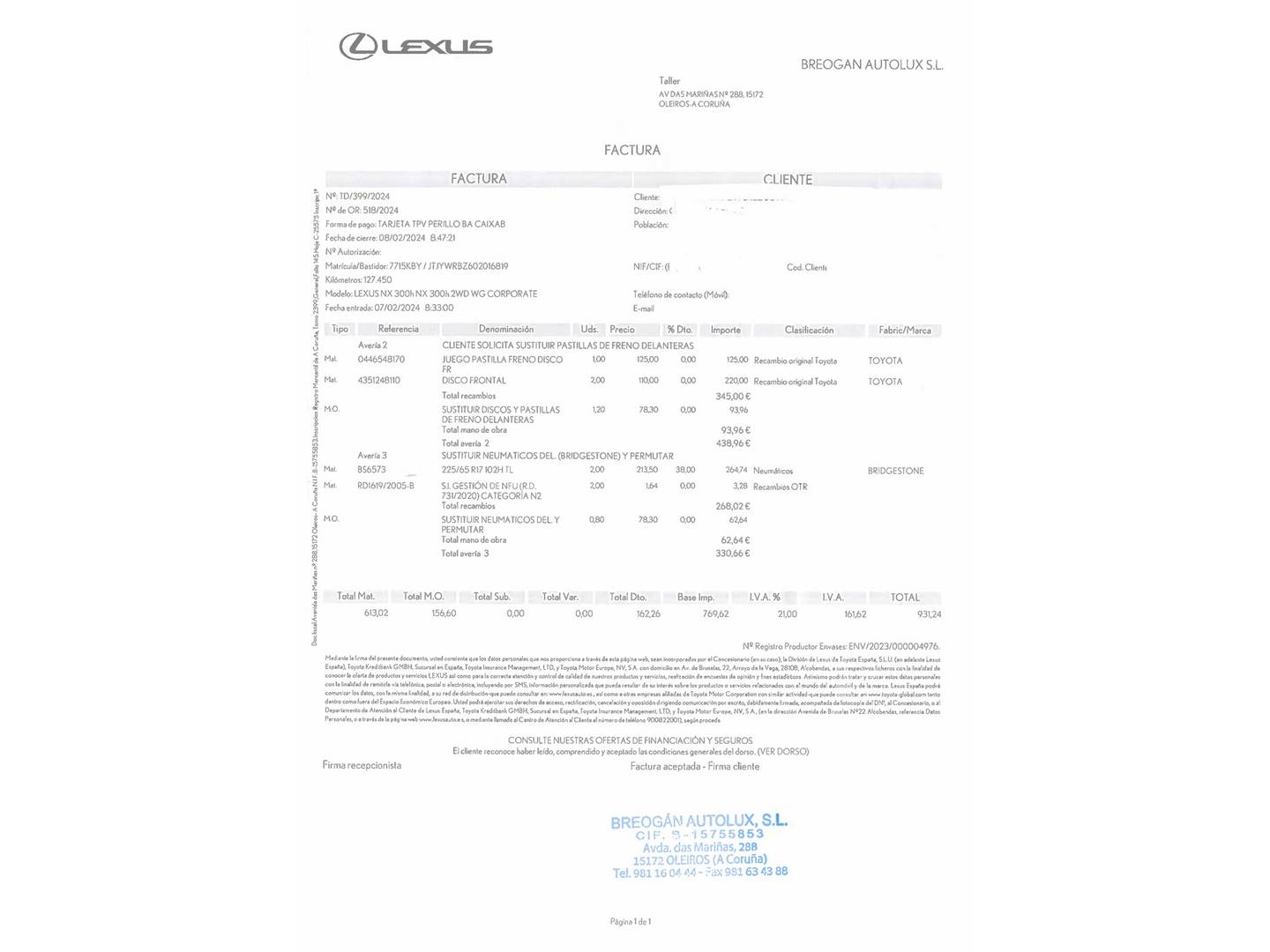Foto del mantenimiento del Lexus NX Lexus NX 300h Business 2WD (197 CV)