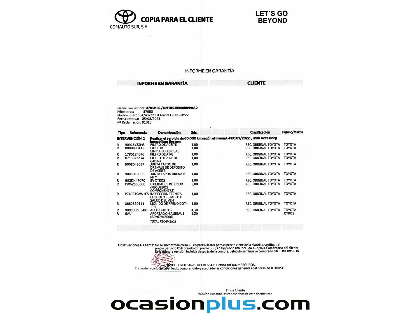 Foto del mantenimiento del Toyota C-HR Toyota C-HR 180H Advance (184 CV)
