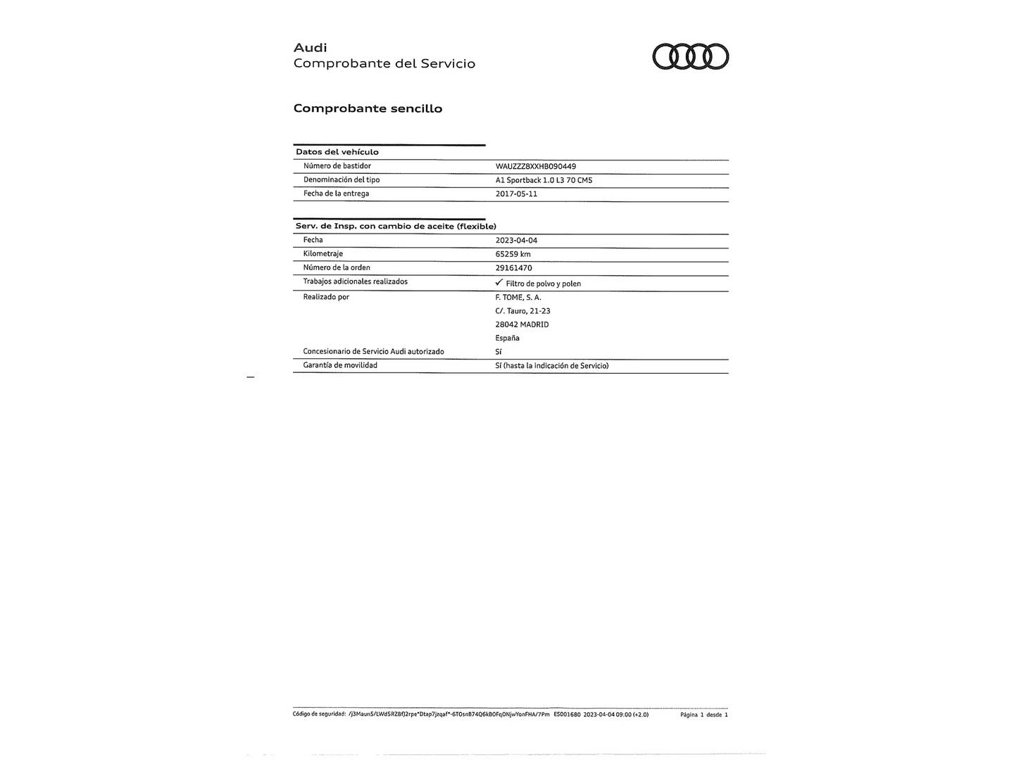 Foto del mantenimiento del Audi A1 Audi A1 Sportback Adrenalin 1.0 TFSI (95 CV) S Line