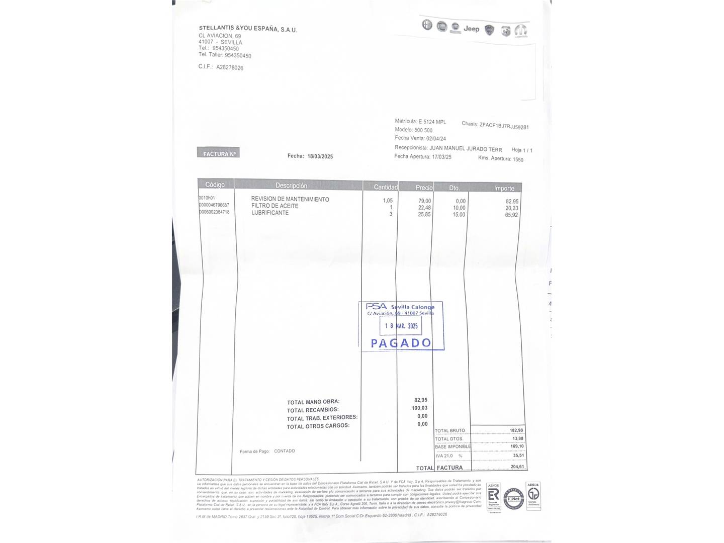 Foto del mantenimiento del Fiat 500 Fiat 500 1.0 Hybrid Monotrim (70 CV)