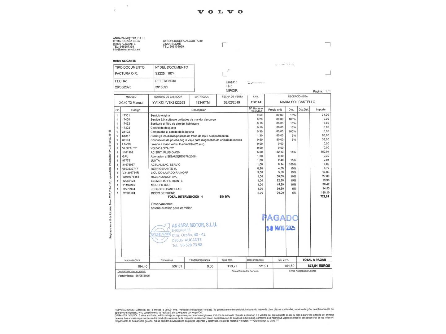 Foto del mantenimiento del Volvo XC40 Volvo XC40 T3 (156 CV)