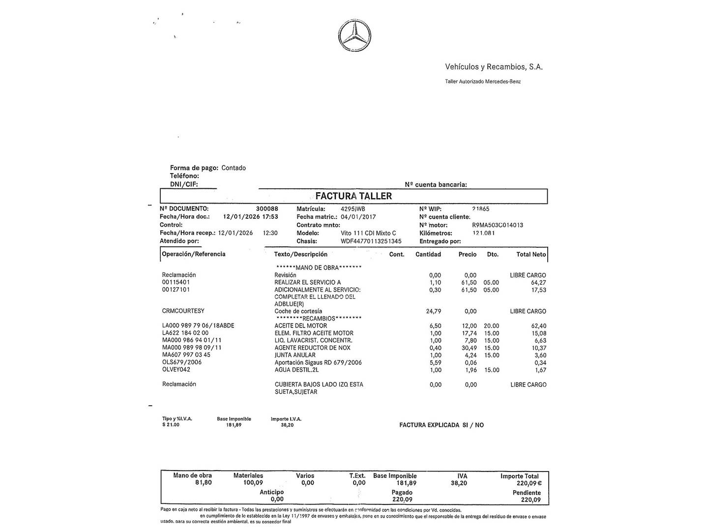 Foto del mantenimiento del Mercedes Vito Mercedes Vito Mixto 111 CDI Larga (114 CV) 6 Plazas