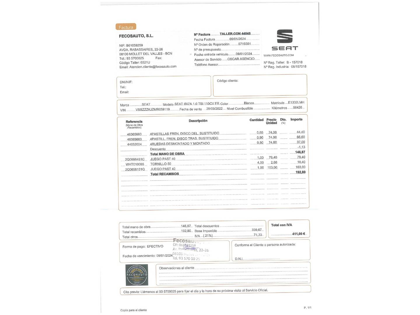 Foto del mantenimiento del Seat Ibiza Seat Ibiza 1.0 TSI FR (110 CV)