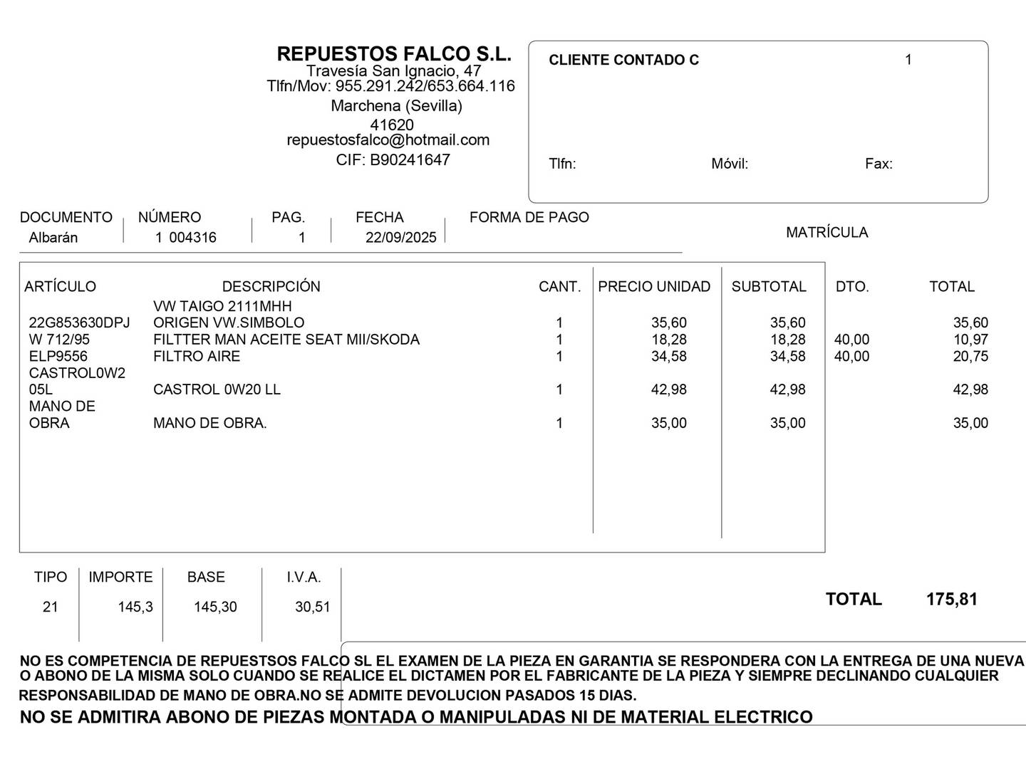 Foto del mantenimiento del Volkswagen Taigo Volkswagen Taigo Life 1.0 TSI (95 CV)