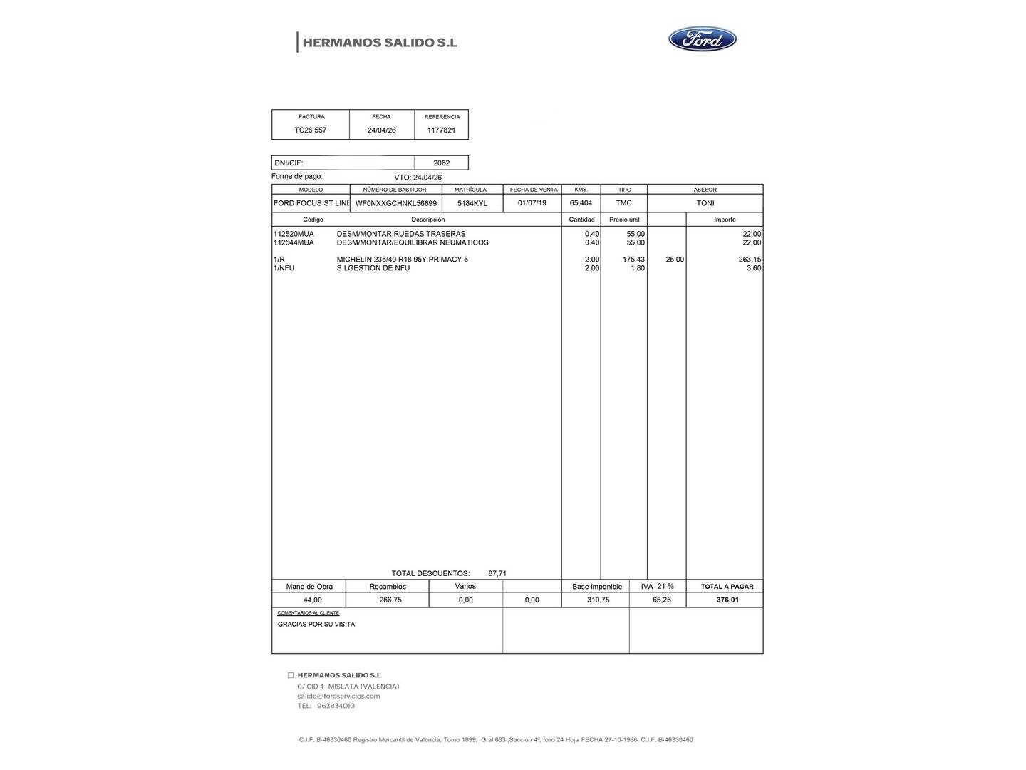 Foto del mantenimiento del Ford Focus Ford Focus 1.5 Ecoblue ST-Line Auto (120 CV)