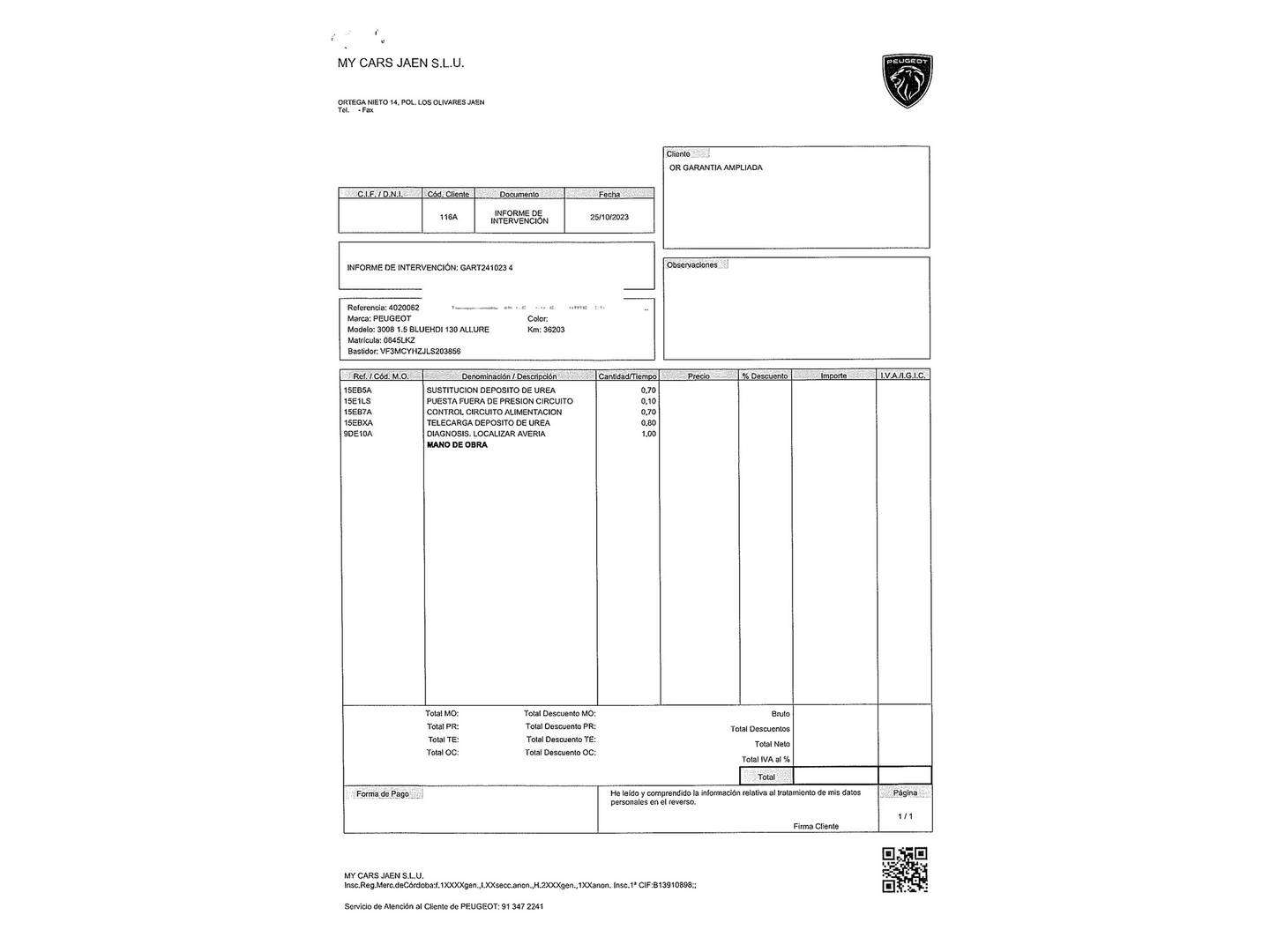 Foto del mantenimiento del Peugeot 3008 Peugeot 3008 BlueHDI 130 S&S Allure (130 CV)