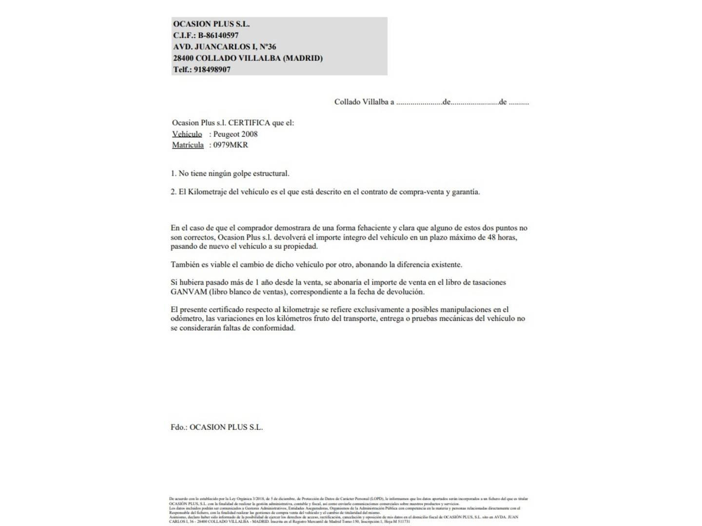 Foto del certificado del Peugeot 2008 Peugeot 2008 PureTech 100 S&S Allure (100 CV)