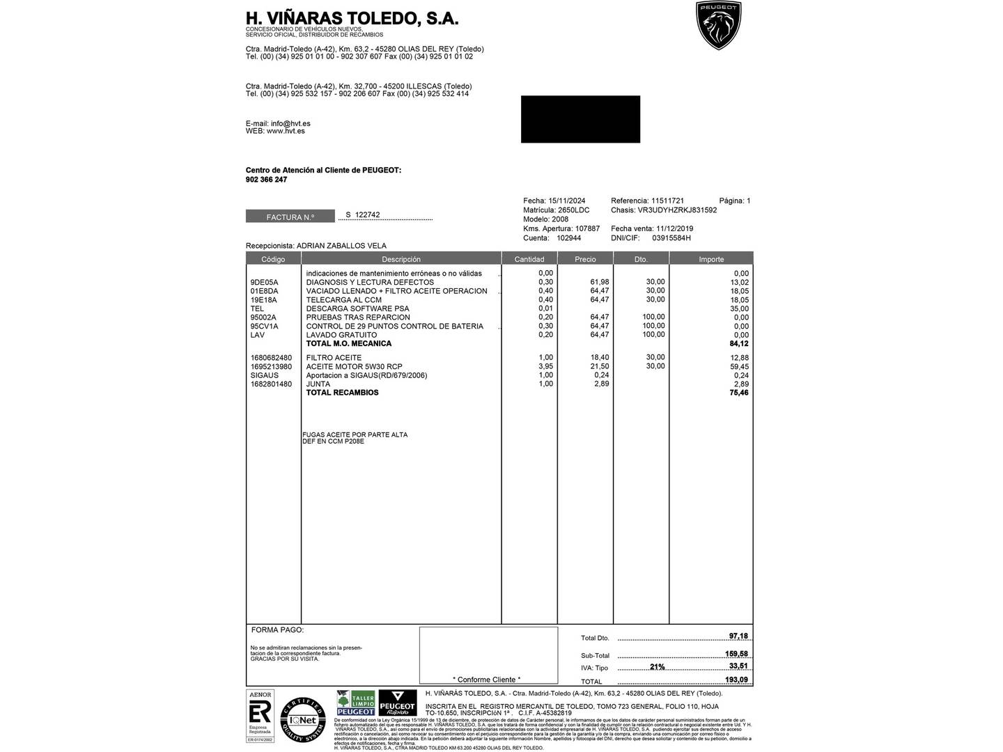 Foto del mantenimiento del Peugeot 2008 Peugeot 2008 BlueHDi 130 S&S Allure EAT8 (130 CV)