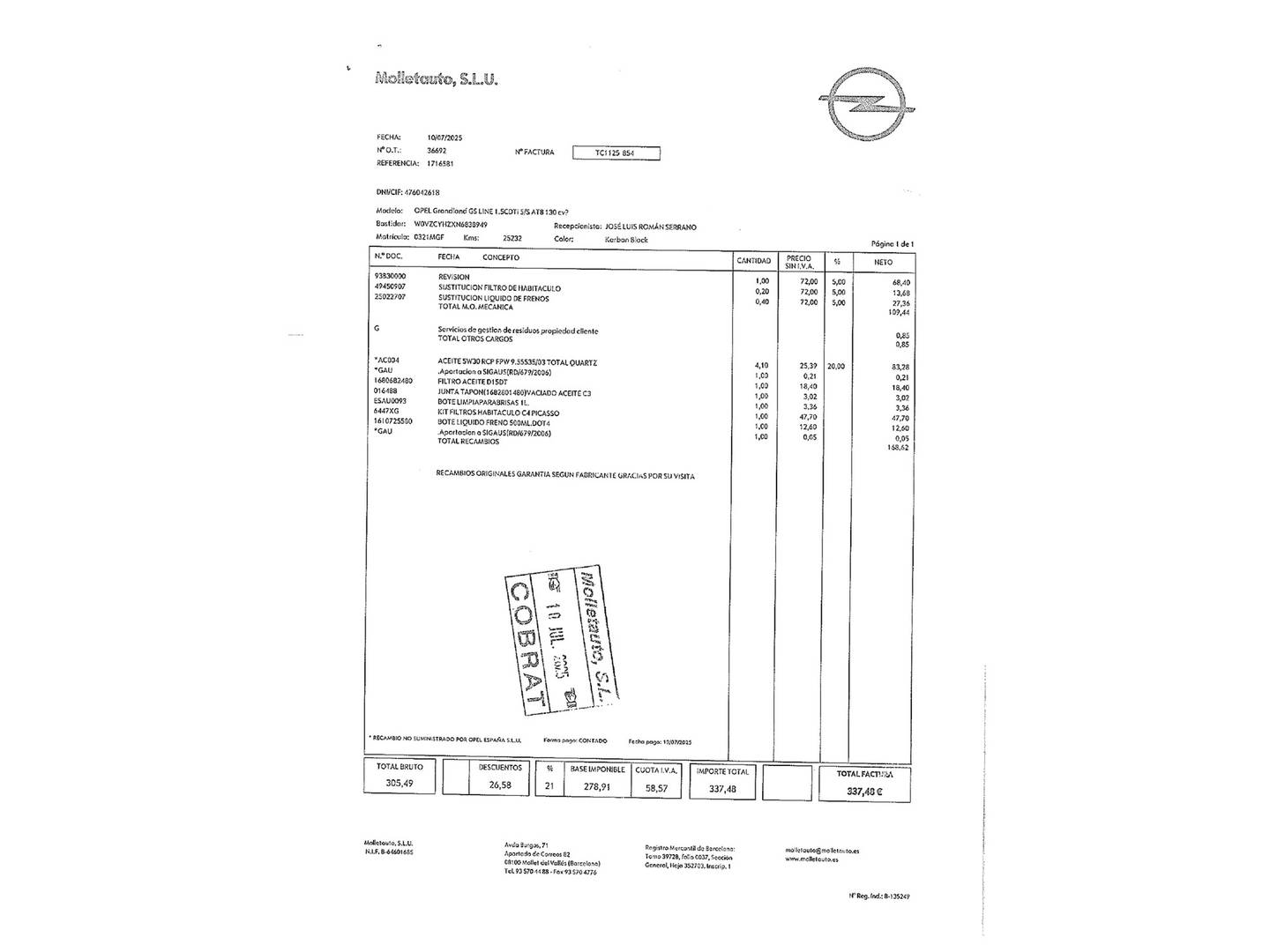 Foto del mantenimiento del Opel Grandland Opel Grandland 1.5 CDTi GS Auto (130 CV)