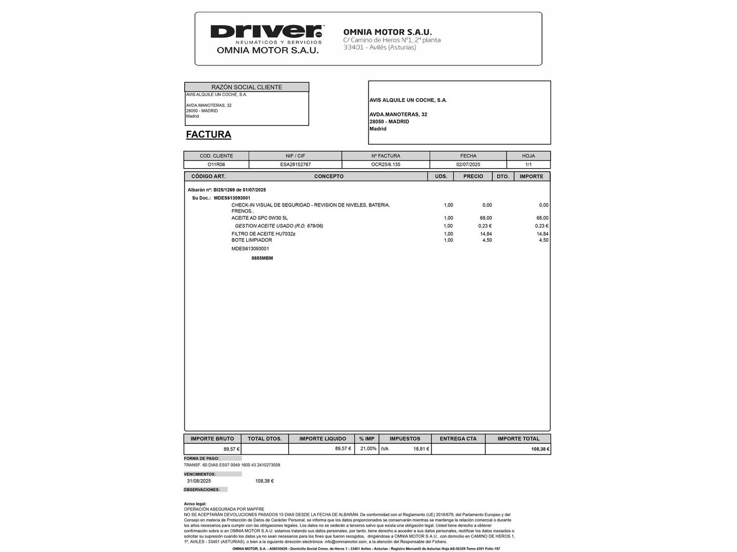 Foto del mantenimiento del Opel Vivaro Opel Vivaro Furgon 1.5 Diésel L Incrementada Select (102 CV)