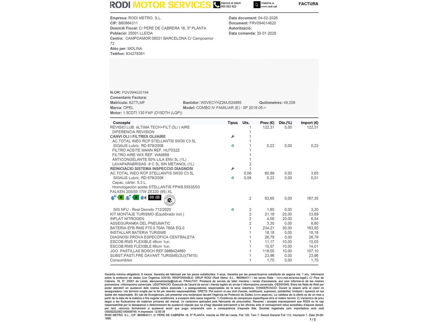 Foto del mantenimiento del Opel Combo Life Opel Combo Life 1.5 TD Elegance Plus L (131 CV)