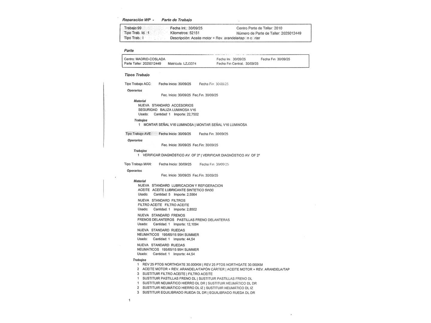 Foto del mantenimiento del Nissan Townstar Nissan Townstar Furgon 1.3G L1 Profesional (130 CV)