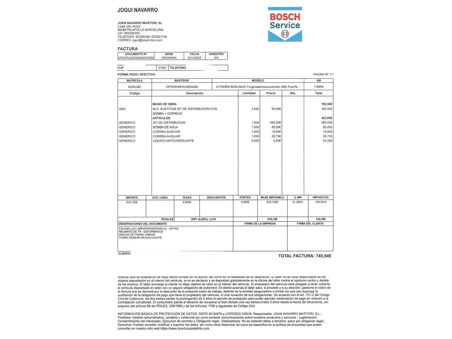 Foto del mantenimiento del Citroën Berlingo Citroën Berlingo Combi PureTech 110 S&S Talla M Feel (110 CV)